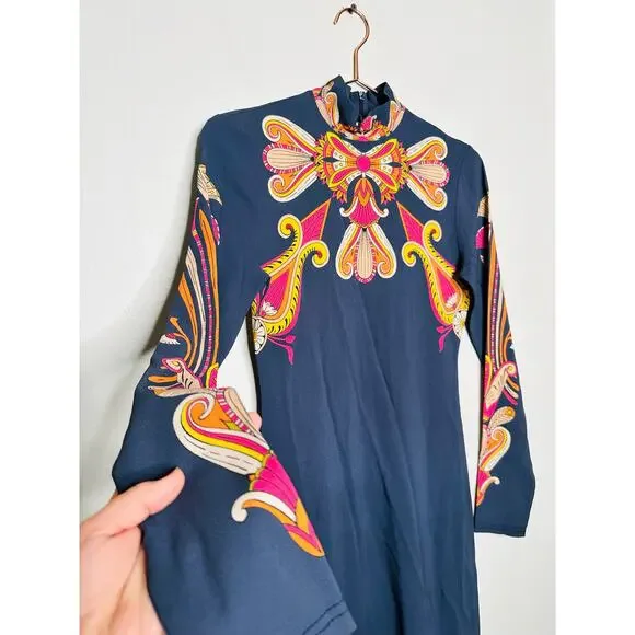 LA DOUBLEJ Navy Paisley Gold Pendant High Neck A-Line Halle Dress Size XS - Picture 12 of 16